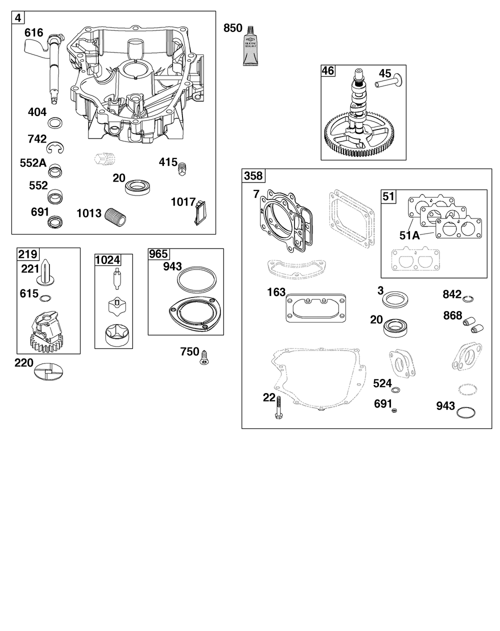 Crankcase Cover/Sump Group Diagram and Parts List for 44S977-0046-G1 400000 - 699999 Briggs and Stratton Engine